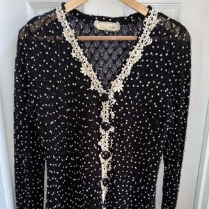A’reve By Anthropologie Croquette Blouse Womens M Black Cream Fairy Whimsigoth